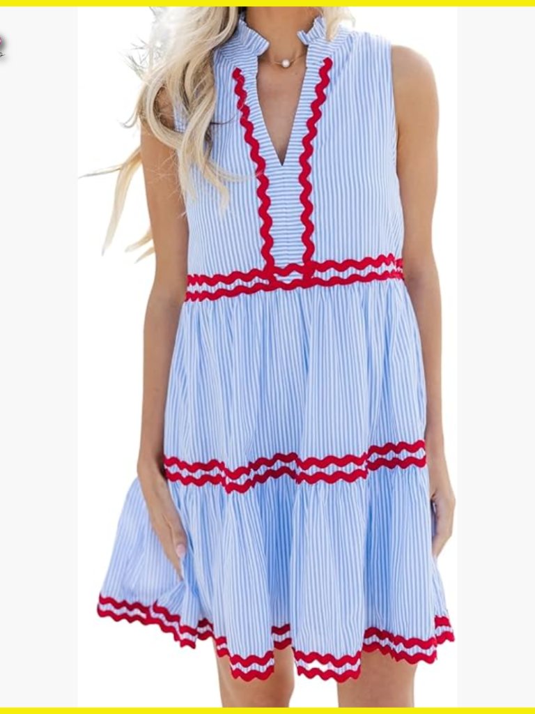 Sleeveless Striped Tiered Dress Ruffled V-Neck A-Line Casual Chic